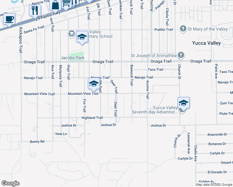 map of restaurants, bars, coffee shops, grocery stores, and more near Deer Trail in Yucca Valley