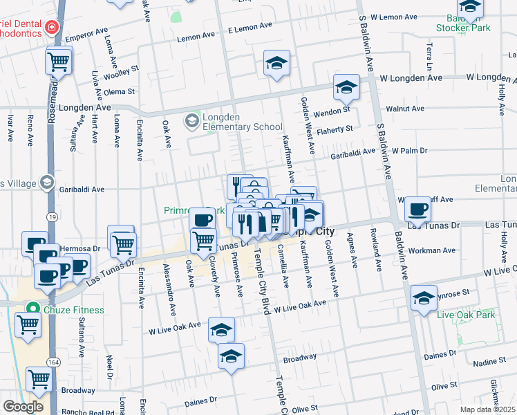 map of restaurants, bars, coffee shops, grocery stores, and more near 9612 Woodruff Avenue in Temple City