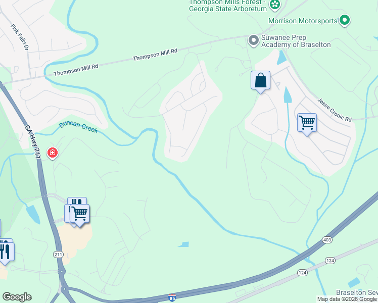 map of restaurants, bars, coffee shops, grocery stores, and more near Yaupon Trail in Braselton