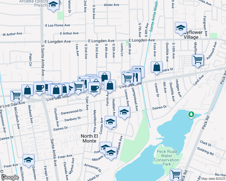 map of restaurants, bars, coffee shops, grocery stores, and more near 400 Live Oak Avenue in Arcadia