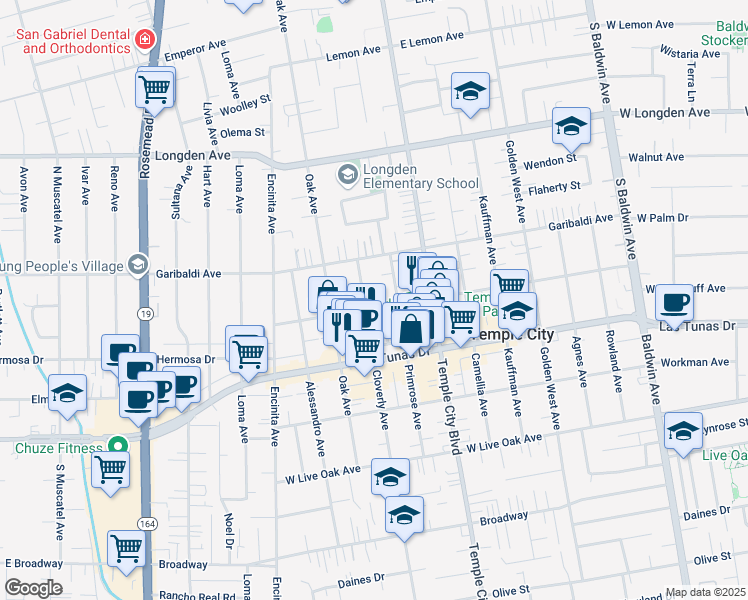 map of restaurants, bars, coffee shops, grocery stores, and more near 9523 Woodruff Avenue in Temple City