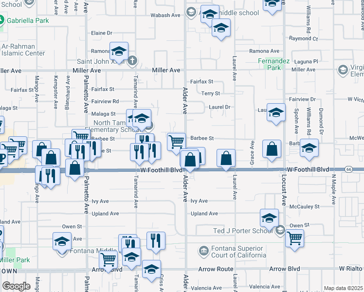 map of restaurants, bars, coffee shops, grocery stores, and more near 8008 Alder Avenue in Fontana