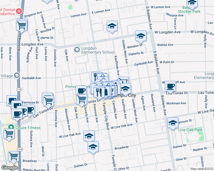 map of restaurants, bars, coffee shops, grocery stores, and more near 9622 Woodruff Avenue in Temple City