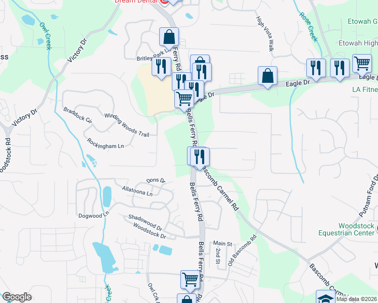 map of restaurants, bars, coffee shops, grocery stores, and more near 6391 Bells Ferry Road in Acworth
