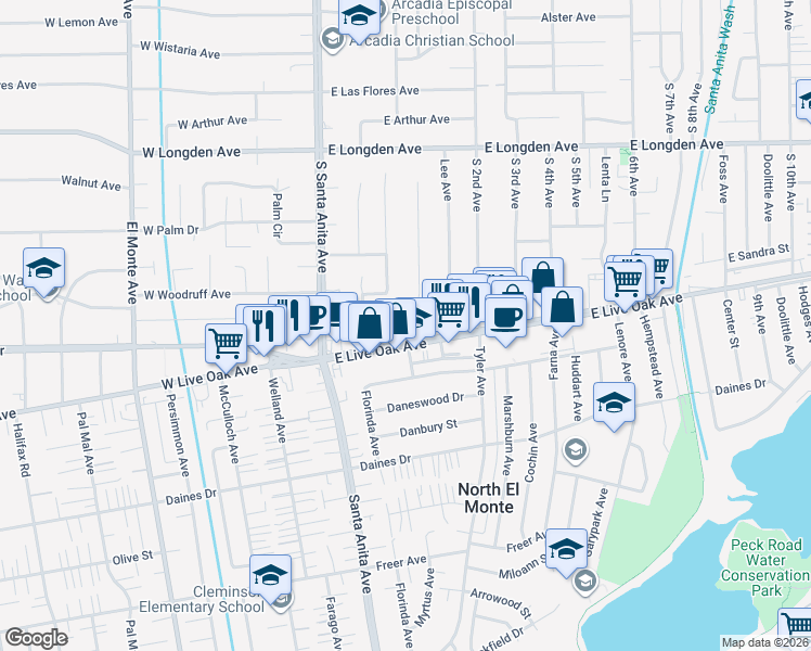map of restaurants, bars, coffee shops, grocery stores, and more near 2619 Greenfield Avenue in Arcadia