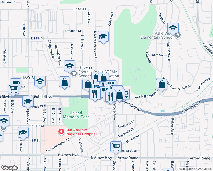 map of restaurants, bars, coffee shops, grocery stores, and more near 1445 Foothill Boulevard in Upland