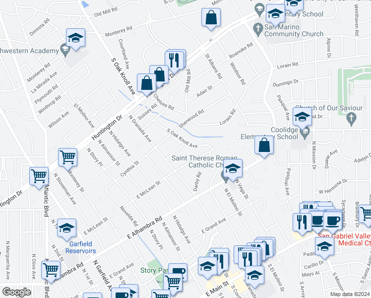 map of restaurants, bars, coffee shops, grocery stores, and more near 980 Afton Road in San Marino