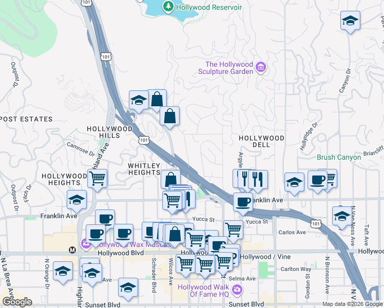 map of restaurants, bars, coffee shops, grocery stores, and more near 2067 Ivar Avenue in Los Angeles