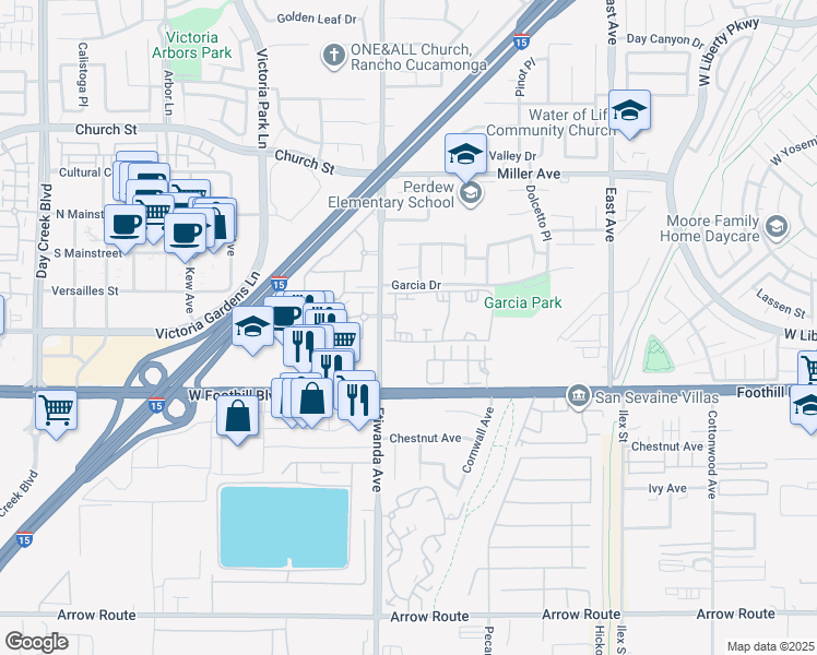 map of restaurants, bars, coffee shops, grocery stores, and more near 7951 Etiwanda Avenue in Rancho Cucamonga