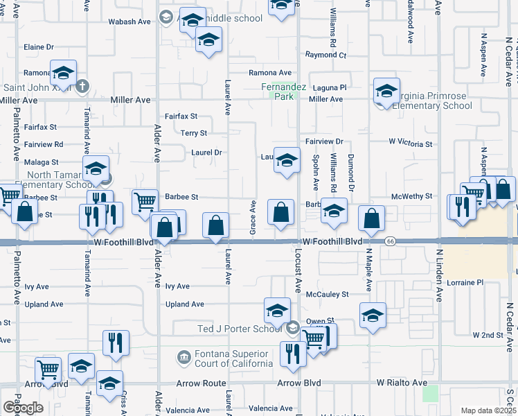 map of restaurants, bars, coffee shops, grocery stores, and more near 8009 Grace Avenue in Fontana