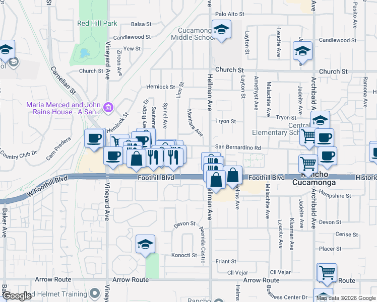 map of restaurants, bars, coffee shops, grocery stores, and more near 8027 Lion Street in Rancho Cucamonga