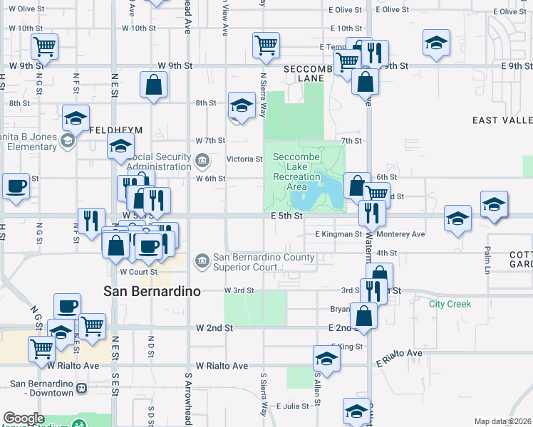 map of restaurants, bars, coffee shops, grocery stores, and more near East 5th Street in San Bernardino