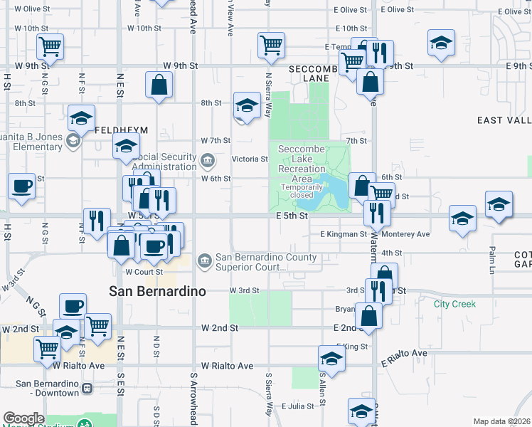 map of restaurants, bars, coffee shops, grocery stores, and more near 2 West 5th Street in San Bernardino