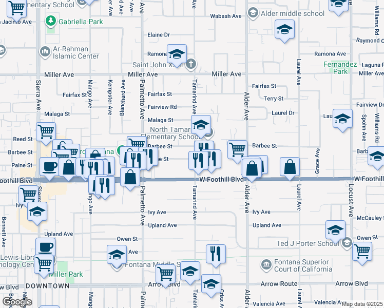 map of restaurants, bars, coffee shops, grocery stores, and more near 8004 Tamarind Avenue in Fontana