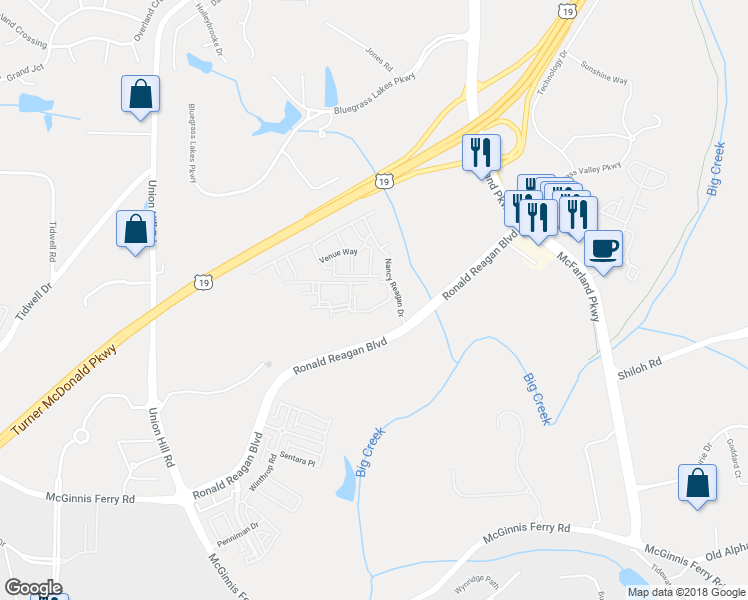 map of restaurants, bars, coffee shops, grocery stores, and more near 605 Estuary Trail in Alpharetta