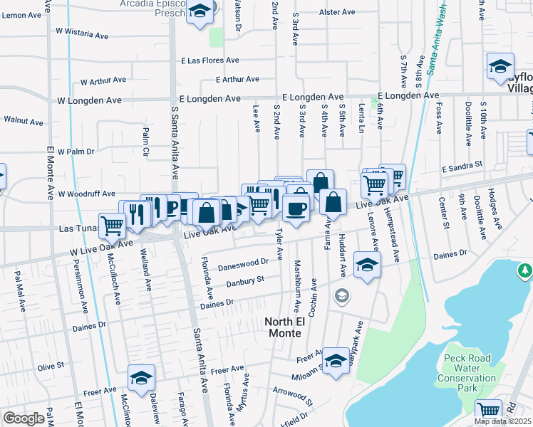 map of restaurants, bars, coffee shops, grocery stores, and more near 145 Live Oak Avenue in Arcadia