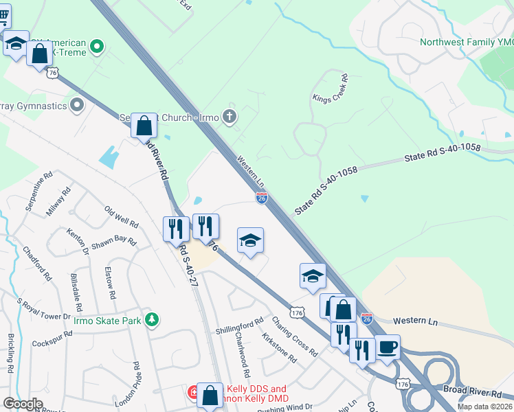 map of restaurants, bars, coffee shops, grocery stores, and more near 7948 Eichelberger Road in Irmo