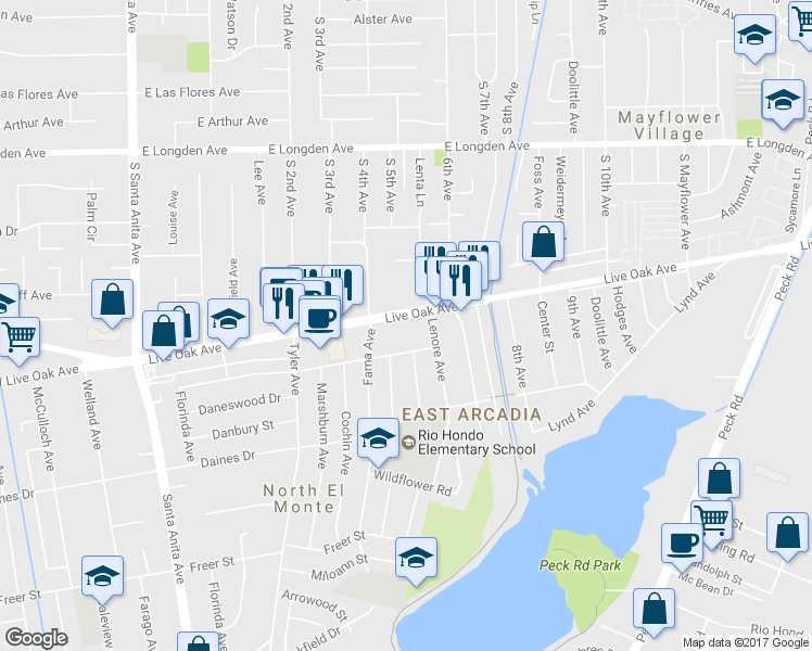 map of restaurants, bars, coffee shops, grocery stores, and more near 418 Live Oak Avenue in Arcadia