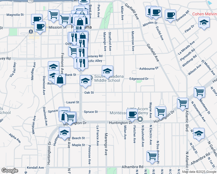map of restaurants, bars, coffee shops, grocery stores, and more near 1510 Marengo Avenue in South Pasadena