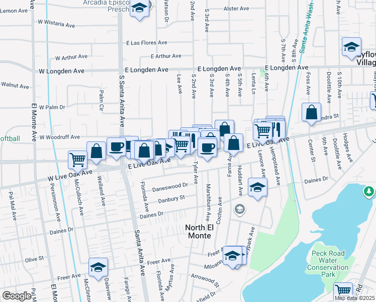map of restaurants, bars, coffee shops, grocery stores, and more near 201 Live Oak Avenue in Arcadia