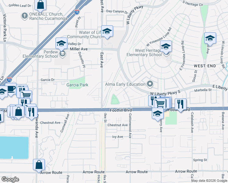 map of restaurants, bars, coffee shops, grocery stores, and more near 8085 Jamestown Circle in Fontana