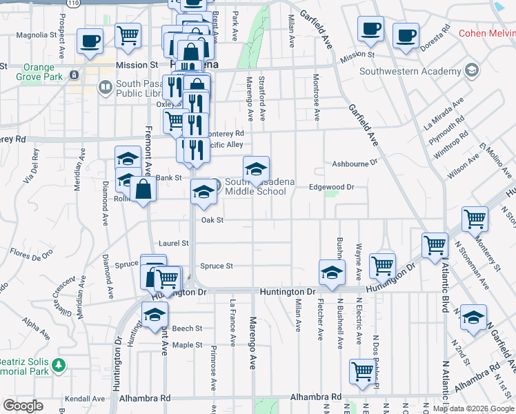 map of restaurants, bars, coffee shops, grocery stores, and more near 1510 Marengo Avenue in South Pasadena
