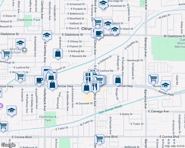 map of restaurants, bars, coffee shops, grocery stores, and more near 777 South Citrus Avenue in Azusa