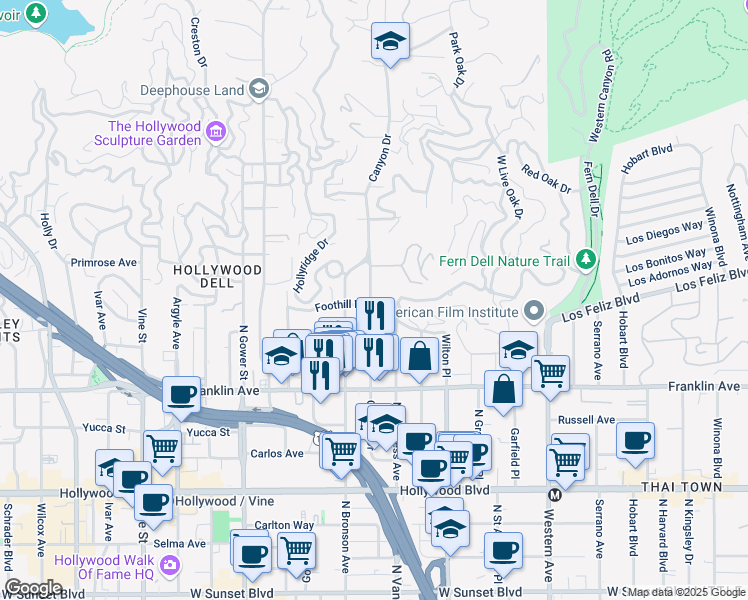 map of restaurants, bars, coffee shops, grocery stores, and more near 2101 Canyon Drive in Los Angeles