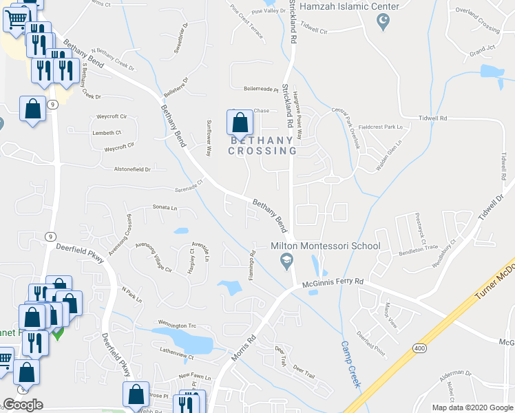 map of restaurants, bars, coffee shops, grocery stores, and more near 3516 Spring View Court in Alpharetta
