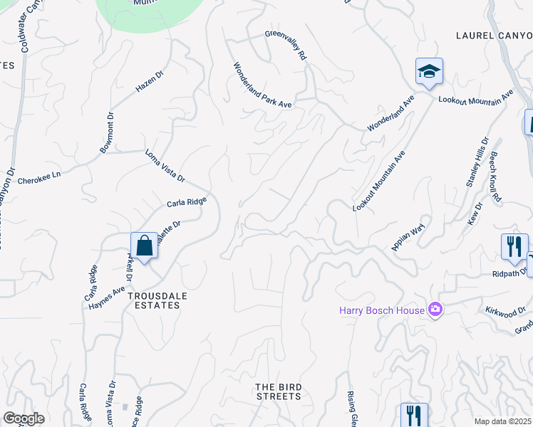 map of restaurants, bars, coffee shops, grocery stores, and more near 8965 Wonderland Avenue in Los Angeles