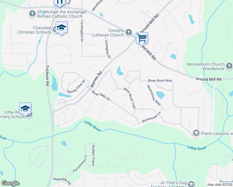 map of restaurants, bars, coffee shops, grocery stores, and more near 2317 River Station Terrace in Woodstock
