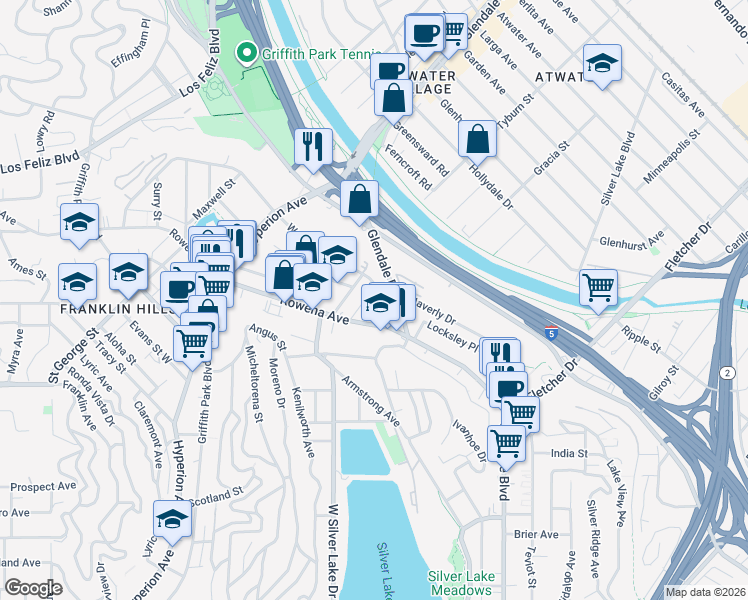 map of restaurants, bars, coffee shops, grocery stores, and more near Waverly Drive in Los Angeles