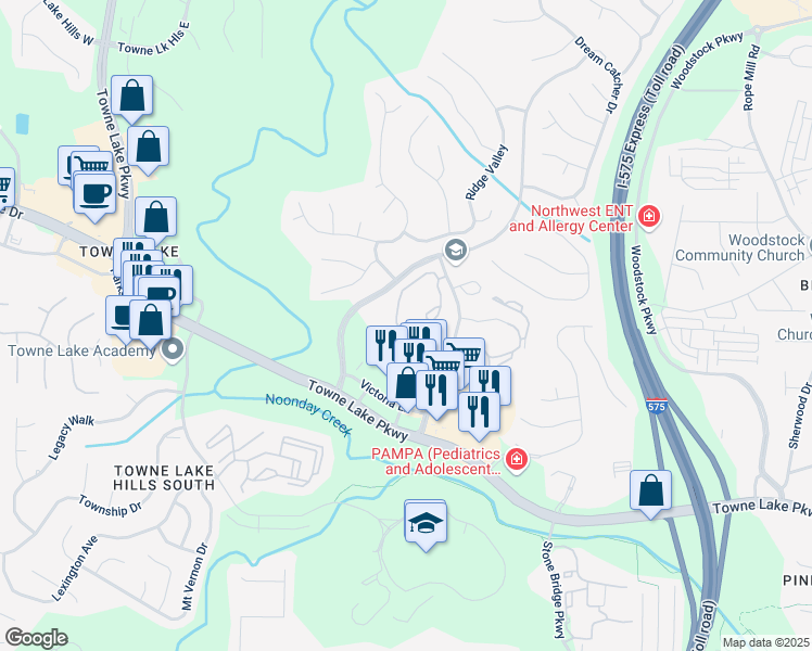 map of restaurants, bars, coffee shops, grocery stores, and more near 3004 Towne Lake Heights in Woodstock