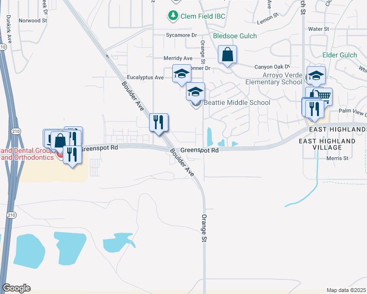 map of restaurants, bars, coffee shops, grocery stores, and more near 28439 Sunflower Street in Highland