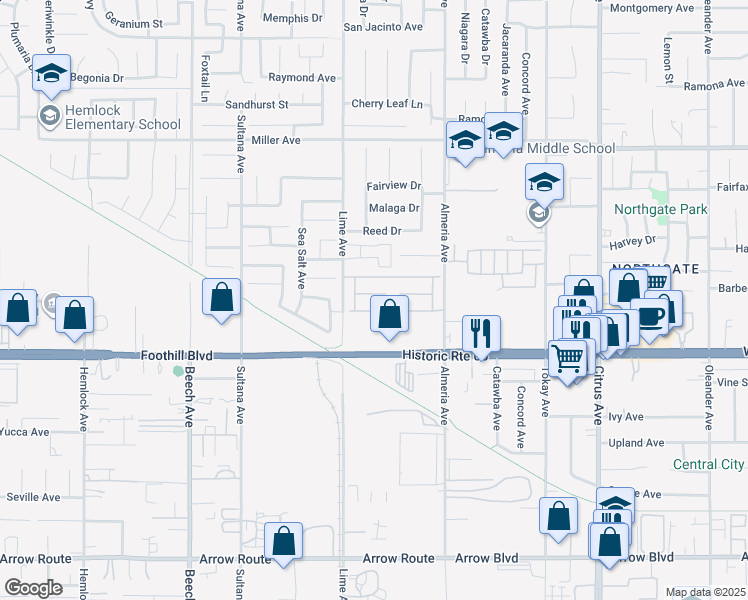 map of restaurants, bars, coffee shops, grocery stores, and more near 15673 Barbee Street in Fontana