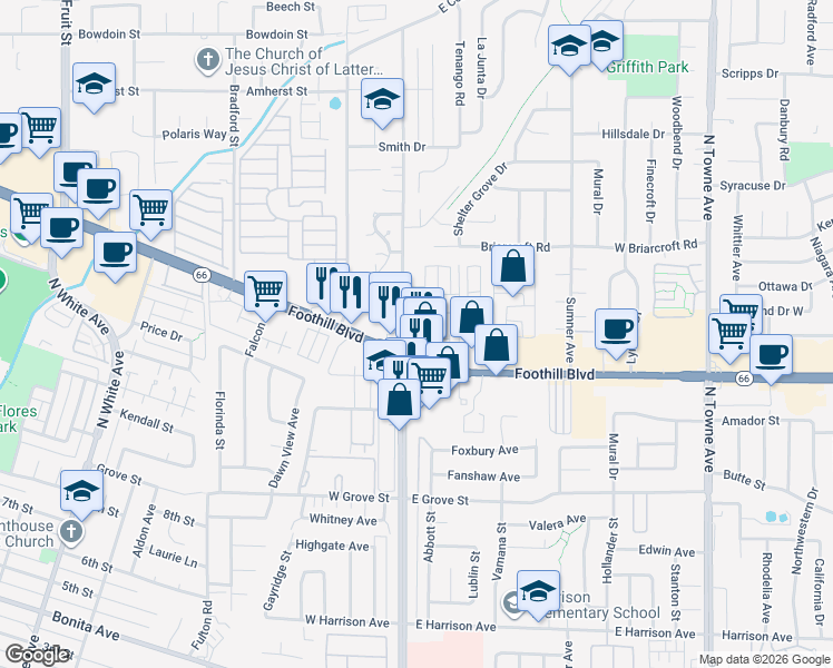 map of restaurants, bars, coffee shops, grocery stores, and more near in Pomona