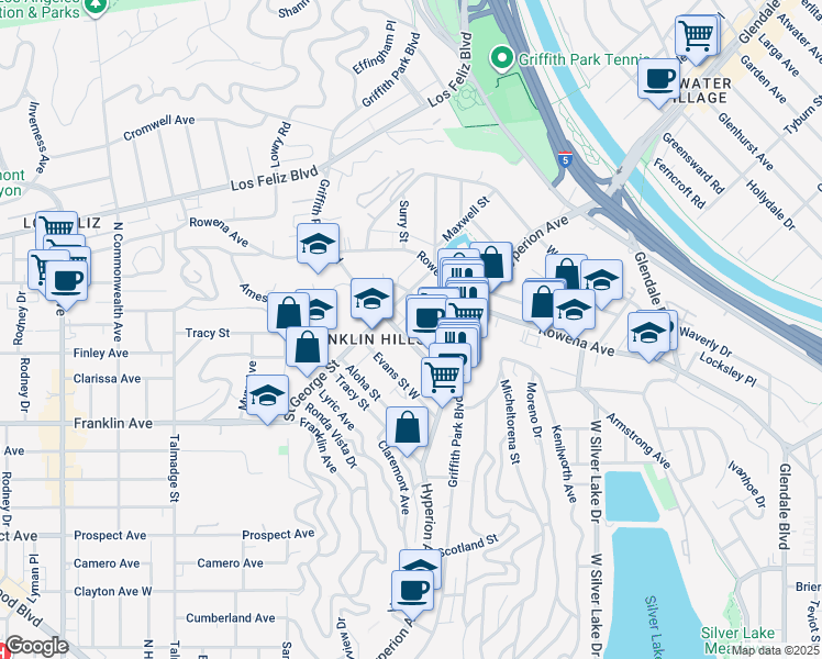 map of restaurants, bars, coffee shops, grocery stores, and more near 2820 Griffith Park Boulevard in Los Angeles