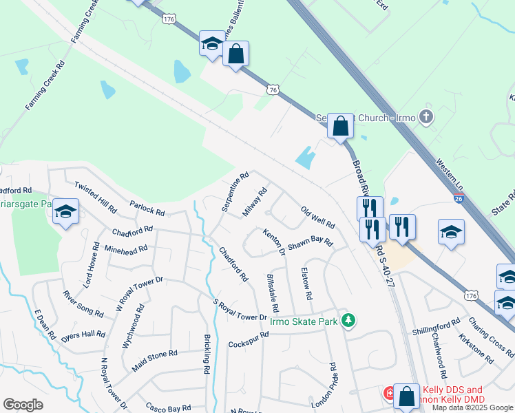 map of restaurants, bars, coffee shops, grocery stores, and more near 206 Milway Road in Irmo