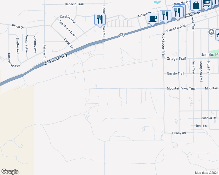 map of restaurants, bars, coffee shops, grocery stores, and more near Mountain View Trail in Yucca Valley