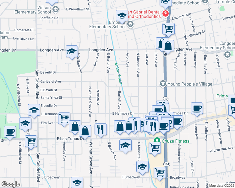 map of restaurants, bars, coffee shops, grocery stores, and more near 6027 Bartlett Avenue in San Gabriel