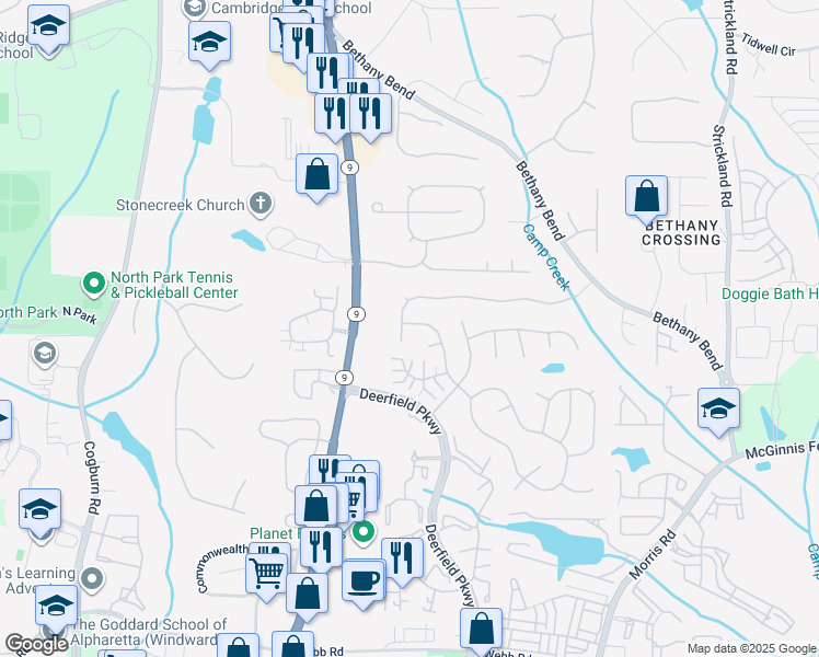 map of restaurants, bars, coffee shops, grocery stores, and more near 3021 Serenade Court in Alpharetta