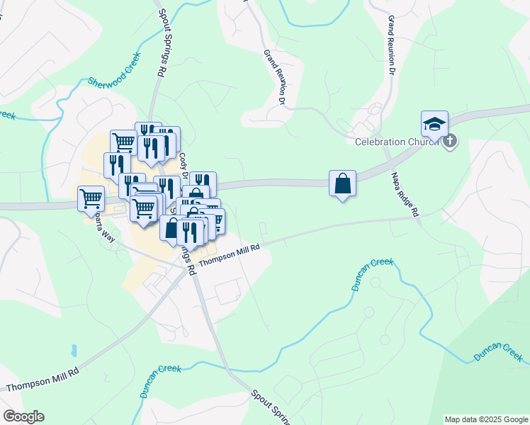 map of restaurants, bars, coffee shops, grocery stores, and more near 5374 Thompson Mill Road in Hoschton