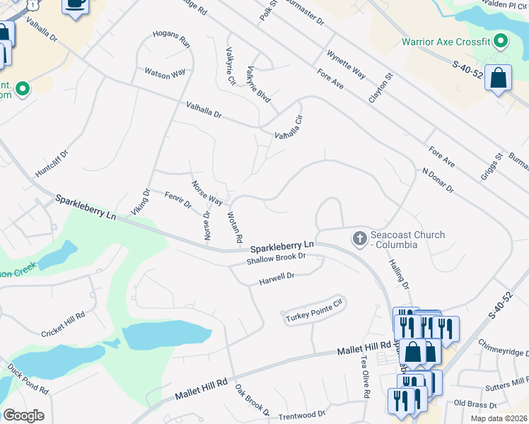 map of restaurants, bars, coffee shops, grocery stores, and more near 5 Wotan Lane in Columbia