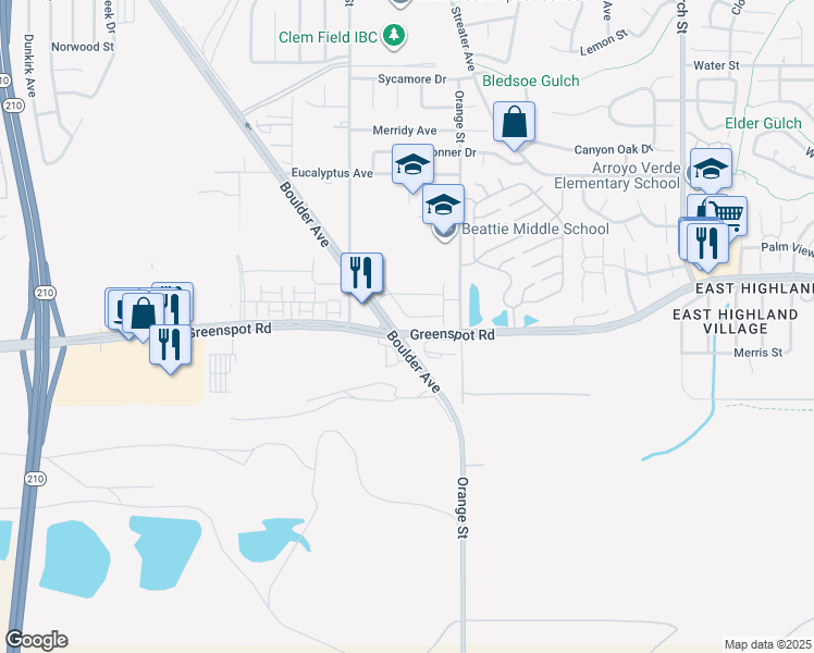 map of restaurants, bars, coffee shops, grocery stores, and more near 28427 Sunflower Street in Highland