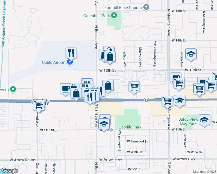 map of restaurants, bars, coffee shops, grocery stores, and more near 1200 North Benson Avenue in Upland