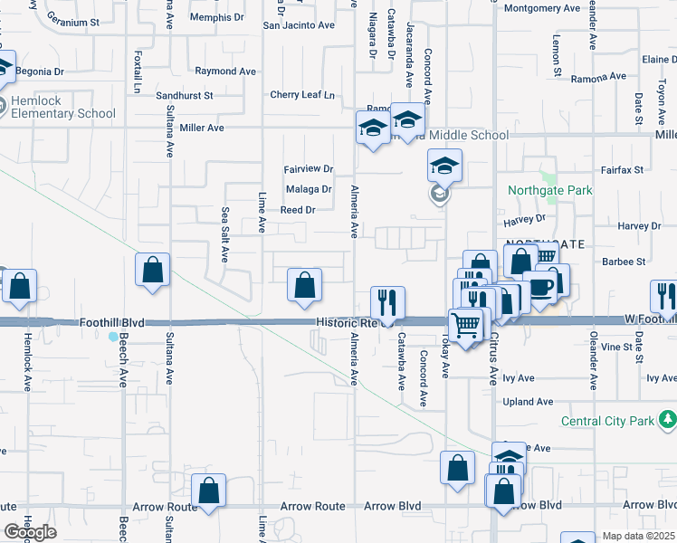 map of restaurants, bars, coffee shops, grocery stores, and more near 15783 Barbee Street in Fontana