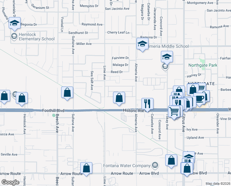 map of restaurants, bars, coffee shops, grocery stores, and more near 15677 Barbee Street in Fontana