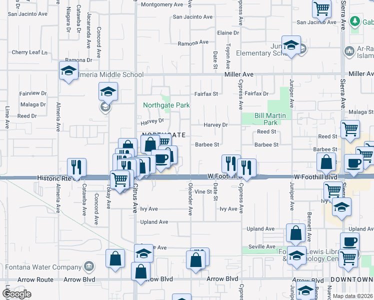 map of restaurants, bars, coffee shops, grocery stores, and more near 7980 Oleander Avenue in Fontana