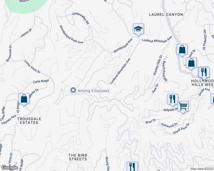map of restaurants, bars, coffee shops, grocery stores, and more near 8764 Lookout Mountain Avenue in West Hollywood