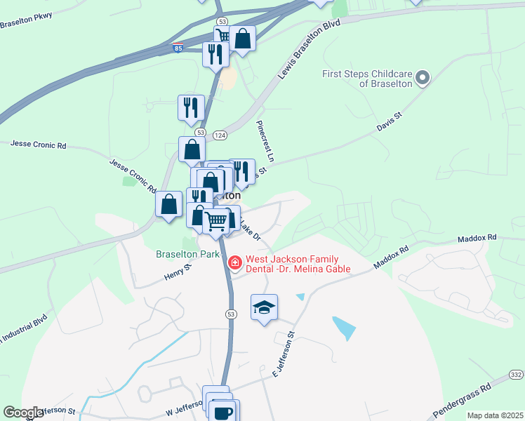 map of restaurants, bars, coffee shops, grocery stores, and more near 156 Lakeshore Drive in Braselton
